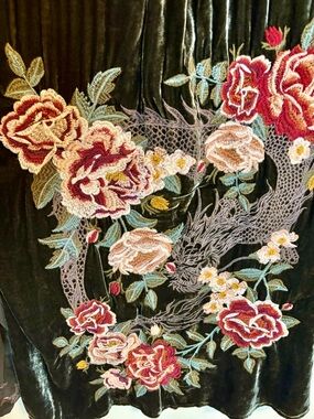 Johnny Was Silk Camo Blouse Embroidered Velvet Back M